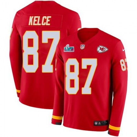 Nike Chiefs #87 Travis Kelce Red Team Color Super Bowl LVII Patch Youth Stitched NFL Limited Therma Long Sleeve Jersey