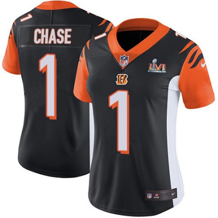 Nike Bengals #1 Ja'Marr Chase Black Team Color Super Bowl LVI Patch Women's Stitched NFL Vapor Untouchable Limited Jersey