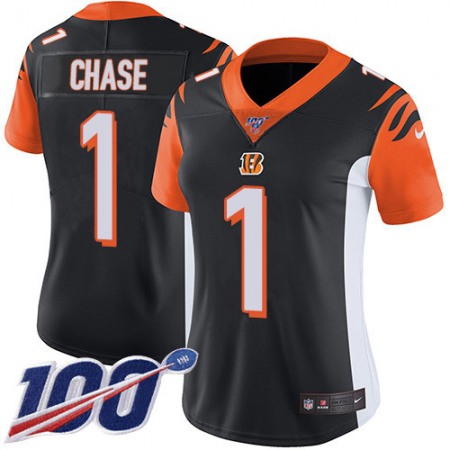 Nike Bengals #1 Ja'Marr Chase Black Team Color Women's Stitched NFL 100th Season Vapor Untouchable Limited Jersey