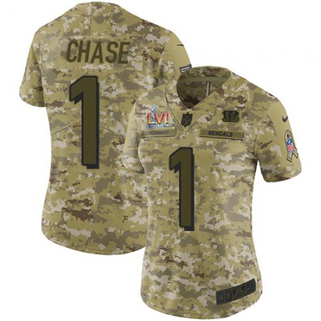 Nike Bengals #1 Ja'Marr Chase Camo Super Bowl LVI Patch Women's Stitched NFL Limited 2018 Salute To Service Jersey