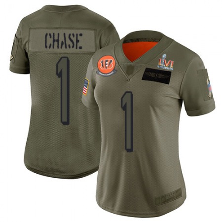 Nike Bengals #1 Ja'Marr Chase Camo Super Bowl LVI Patch Women's Stitched NFL Limited 2019 Salute To Service Jersey