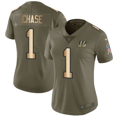 Nike Bengals #1 Ja'Marr Chase Olive/Gold Women's Stitched NFL Limited 2017 Salute To Service Jersey