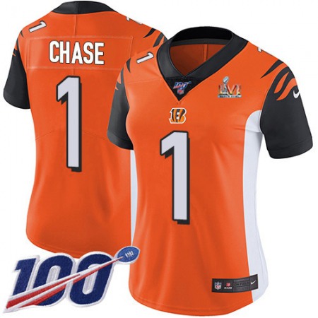 Nike Bengals #1 Ja'Marr Chase Orange Super Bowl LVI Patch Alternate Women's Stitched NFL 100th Season Vapor Untouchable Limited Jersey