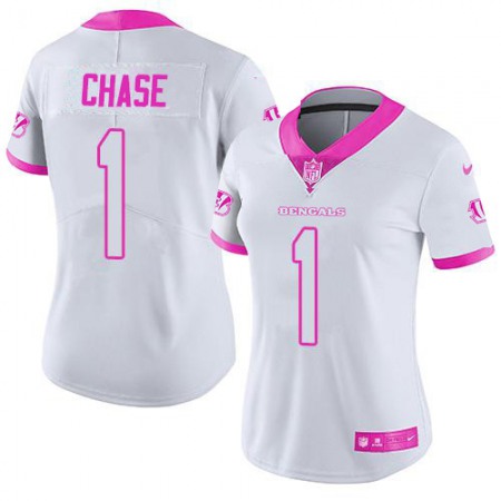 Nike Bengals #1 Ja'Marr Chase White/Pink Women's Stitched NFL Limited Rush Fashion Jersey