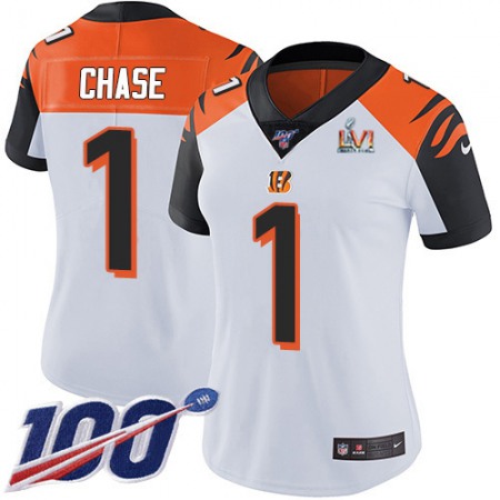 Nike Bengals #1 Ja'Marr Chase White Super Bowl LVI Patch Women's Stitched NFL 100th Season Vapor Untouchable Limited Jersey