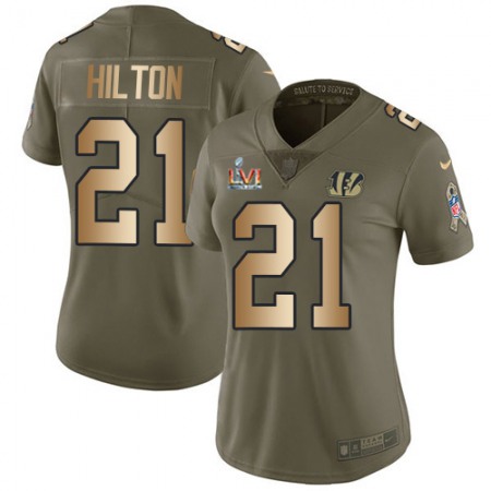 Nike Bengals #21 Mike Hilton Olive/Gold Super Bowl LVI Patch Women's Stitched NFL Limited 2017 Salute to Service Jersey