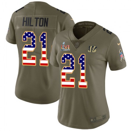 Nike Bengals #21 Mike Hilton Olive/USA Super Bowl LVI Patch Flag Women's Stitched NFL Limited 2017 Salute To Service Jersey