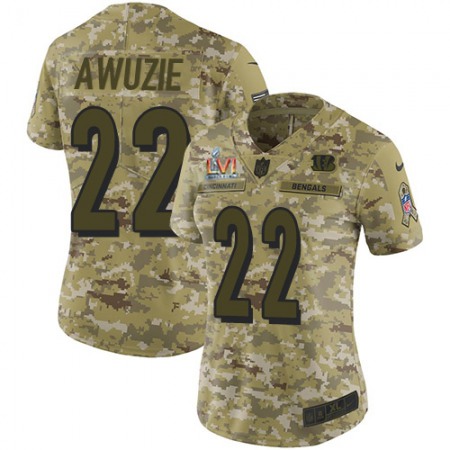 Nike Bengals #22 Chidobe Awuzie Camo Super Bowl LVI Patch Women's Stitched NFL Limited 2018 Salute To Service Jersey