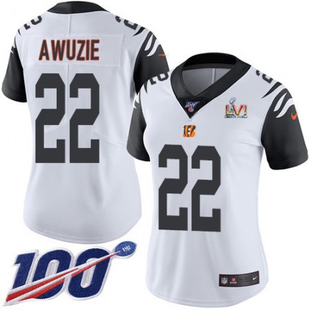 Nike Bengals #22 Chidobe Awuzie White Super Bowl LVI Patch Women's Stitched NFL Limited Rush 100th Season Jersey