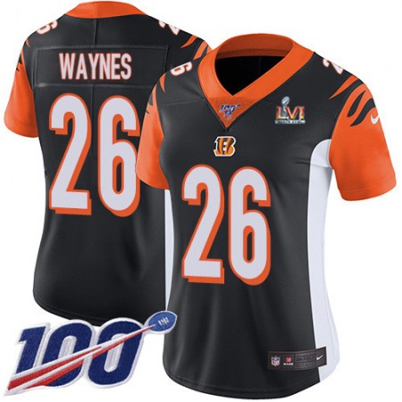 Nike Bengals #26 Trae Waynes Black Team Color Super Bowl LVI Patch Women's Stitched NFL 100th Season Vapor Untouchable Limited Jersey