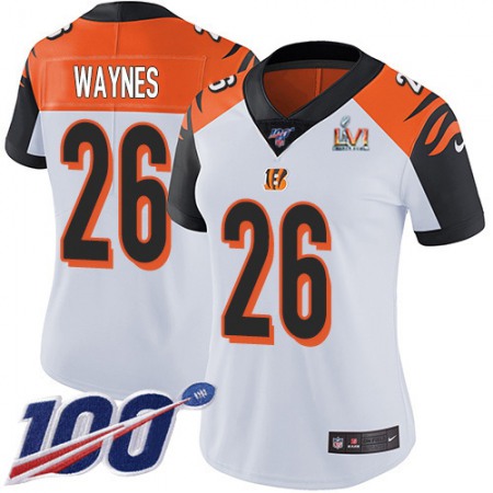 Nike Bengals #26 Trae Waynes White Super Bowl LVI Patch Women's Stitched NFL 100th Season Vapor Untouchable Limited Jersey