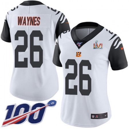 Nike Bengals #26 Trae Waynes White Super Bowl LVI Patch Women's Stitched NFL Limited Rush 100th Season Jersey