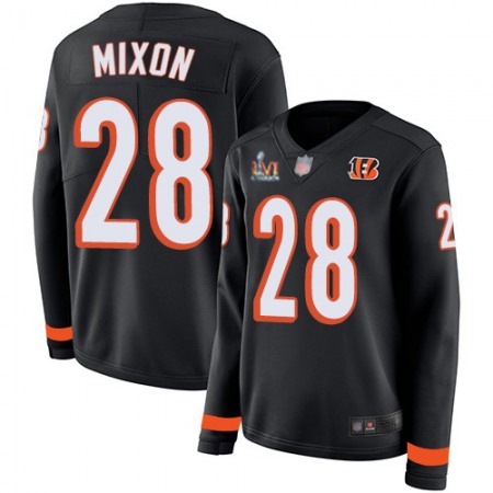 Nike Bengals #28 Joe Mixon Black Team Color Super Bowl LVI Patch Women's Stitched NFL Limited Therma Long Sleeve Jersey