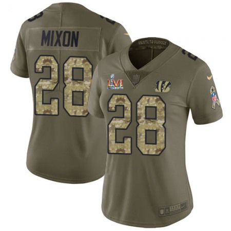 Nike Bengals #28 Joe Mixon Olive/Camo Super Bowl LVI Patch Women's Stitched NFL Limited 2017 Salute to Service Jersey