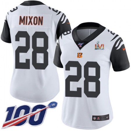 Nike Bengals #28 Joe Mixon White Super Bowl LVI Patch Women's Stitched NFL Limited Rush 100th Season Jersey