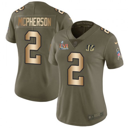 Nike Bengals #2 Evan McPherson Olive/Gold Super Bowl LVI Patch Women's Stitched NFL Limited 2017 Salute To Service Jersey