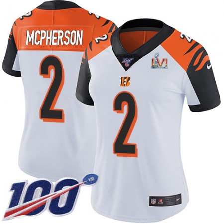 Nike Bengals #2 Evan McPherson White Super Bowl LVI Patch Women's Stitched NFL 100th Season Vapor Untouchable Limited Jersey