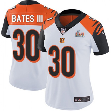 Nike Bengals #30 Jessie Bates III White Super Bowl LVI Patch Women's Stitched NFL Vapor Untouchable Limited Jersey