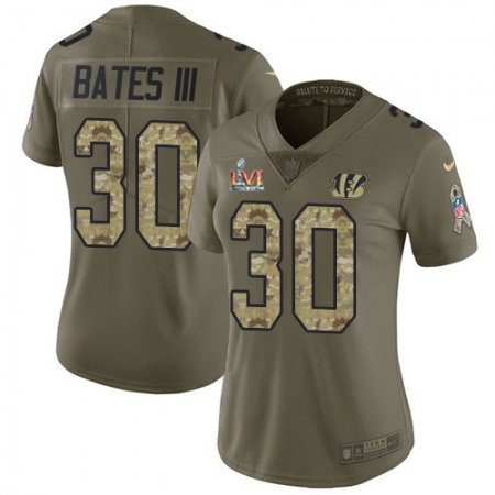 Nike Bengals #30 Jessie Bates Olive/Camo Super Bowl LVI Patch Women's Stitched NFL Limited 2017 Salute to Service Jersey