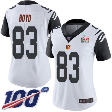 Nike Bengals #83 Tyler Boyd White Super Bowl LVI Patch Women's Stitched NFL Limited Rush 100th Season Jersey