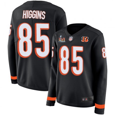 Nike Bengals #85 Tee Higgins Black Team Color Super Bowl LVI Patch Women's Stitched NFL Limited Therma Long Sleeve Jersey