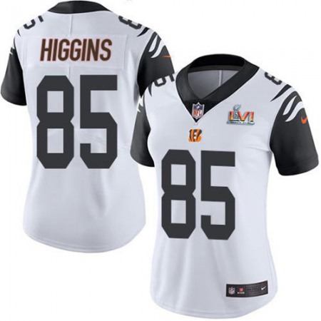 Nike Bengals #85 Tee Higgins White Super Bowl LVI Patch Women's Stitched NFL Limited Rush Jersey