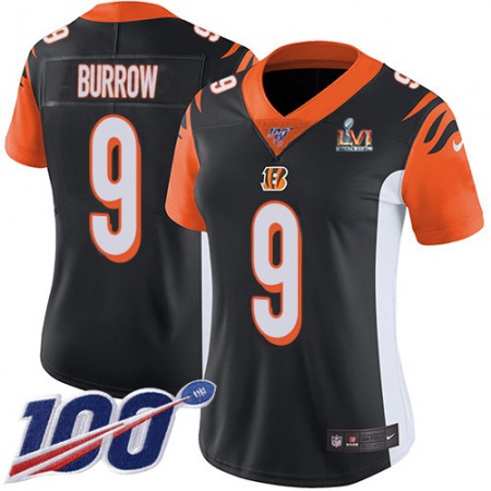 Nike Bengals #9 Joe Burrow Black Team Color Super Bowl LVI Patch Women's Stitched NFL 100th Season Vapor Untouchable Limited Jersey