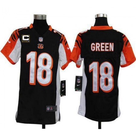 Nike Bengals #18 A.J. Green Black Team Color With C Patch Youth Stitched NFL Elite Jersey