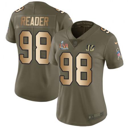 Nike Bengals #98 D.J. Reader Olive/Gold Super Bowl LVI Patch Women's Stitched NFL Limited 2017 Salute To Service Jersey