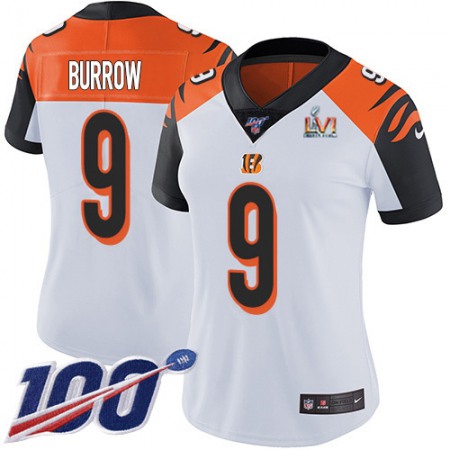 Nike Bengals #9 Joe Burrow White Super Bowl LVI Patch Women's Stitched NFL 100th Season Vapor Untouchable Limited Jersey