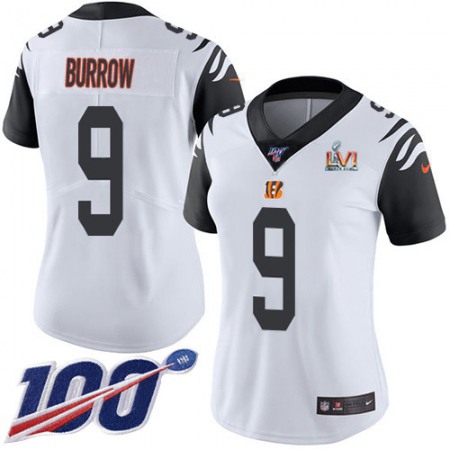 Nike Bengals #9 Joe Burrow White Super Bowl LVI Patch Women's Stitched NFL Limited Rush 100th Season Jersey