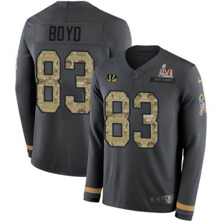 Nike Bengals #83 Tyler Boyd Anthracite Super Bowl LVI Patch Salute to Service Youth Stitched NFL Limited Therma Long Sleeve Jersey