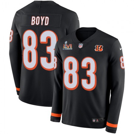 Nike Bengals #83 Tyler Boyd Black Team Color Super Bowl LVI Patch Youth Stitched NFL Limited Therma Long Sleeve Jersey