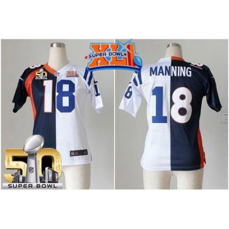 Nike Colts #18 Peyton Manning Blue/White Super Bowl XLI & Super Bowl 50 Women's Stitched NFL Elite Split Broncos Jersey