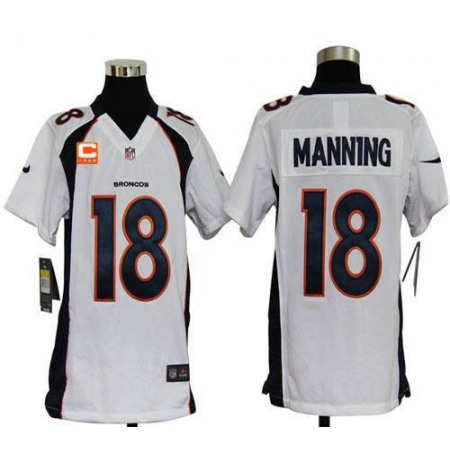 Nike Broncos #18 Peyton Manning White With C Patch Youth Stitched NFL Elite Jersey