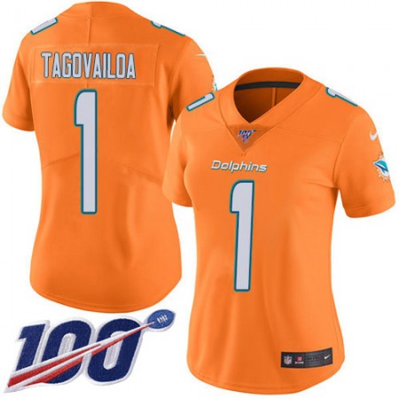 Nike Dolphins #1 Tua Tagovailoa Orangen Women's Stitched NFL Limited Rush 100th Season Jersey