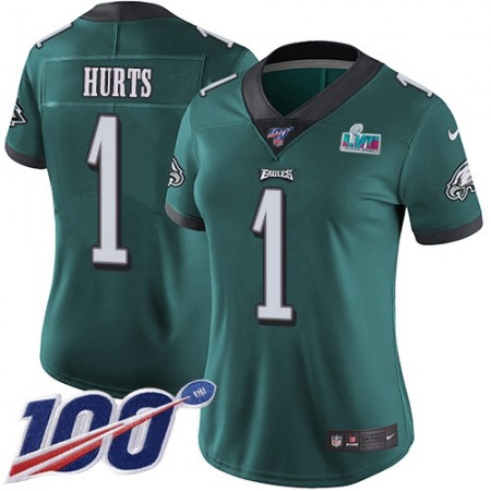 Nike Eagles #1 Jalen Hurts Green Team Color Super Bowl LVII Patch Women's Stitched NFL 100th Season Vapor Limited Jersey