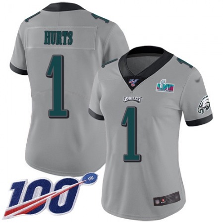 Nike Eagles #1 Jalen Hurts Silver Super Bowl LVII Patch Women's Stitched NFL Limited Inverted Legend 100th Season Jersey