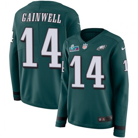 Nike Eagles #14 Kenneth Gainwell Green Team Color Super Bowl LVII Patch Women's Stitched NFL Limited Therma Long Sleeve Jersey