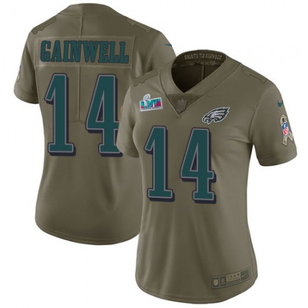 Nike Eagles #14 Kenneth Gainwell Olive Super Bowl LVII Patch Women's Stitched NFL Limited 2017 Salute To Service Jersey