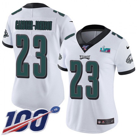 Nike Eagles #23 C.J. Gardner-Johnson White Super Bowl LVII Patch Women's Stitched NFL 100th Season Vapor Untouchable Limited Jersey