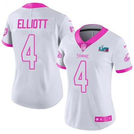 Nike Eagles #4 Jake Elliott White/Pink Super Bowl LVII Patch Women's Stitched NFL Limited Rush Fashion Jersey