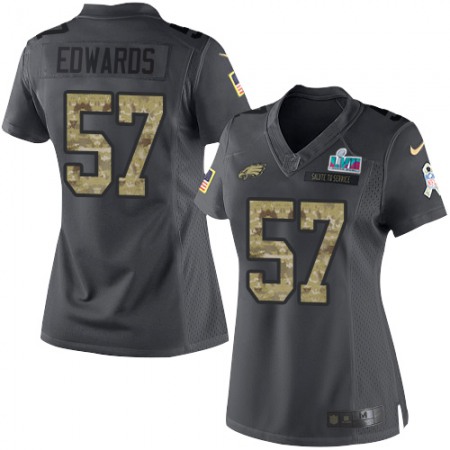 Nike Eagles #57 T. J. Edwards Black Super Bowl LVII Patch Women's Stitched NFL Limited 2016 Salute to Service Jersey