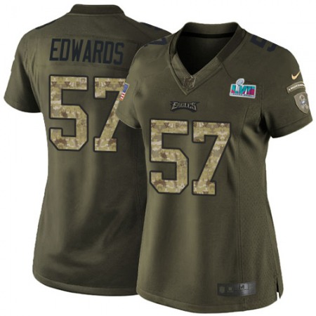 Nike Eagles #57 T. J. Edwards Green Super Bowl LVII Patch Women's Stitched NFL Limited 2015 Salute to Service Jersey