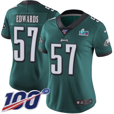 Nike Eagles #57 T. J. Edwards Green Team Color Super Bowl LVII Patch Women's Stitched NFL 100th Season Vapor Untouchable Limited Jersey