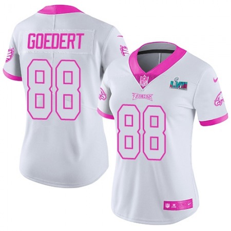 Nike Eagles #88 Dallas Goedert White/Pink Super Bowl LVII Patch Women's Stitched NFL Limited Rush Fashion Jersey