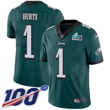 Nike Eagles #1 Jalen Hurts Green Team Color Super Bowl LVII Patch Youth Stitched NFL 100th Season Vapor Limited Jersey