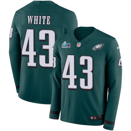 Nike Eagles #43 Kyzir White Green Team Color Super Bowl LVII Patch Youth Stitched NFL Limited Therma Long Sleeve Jersey