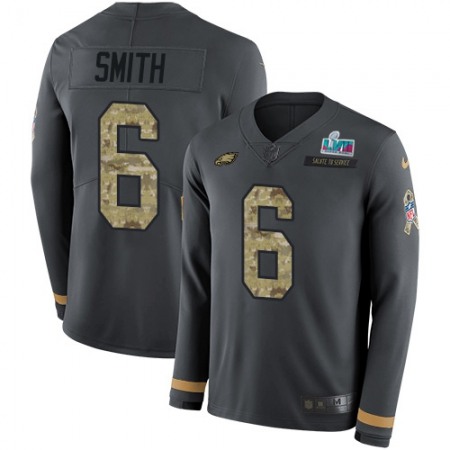 Nike Eagles #6 DeVonta Smith Anthracite Super Bowl LVII Patch Salute to Service Youth Stitched NFL Limited Therma Long Sleeve Jersey