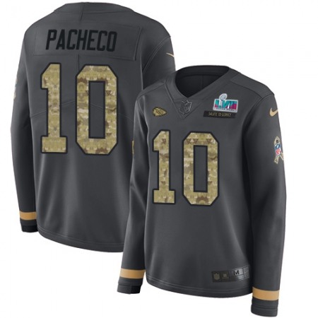 Nike Chiefs #10 Isiah Pacheco Anthracite Salute to Service Super Bowl LVII Patch Women's Stitched NFL Limited Therma Long Sleeve Jersey